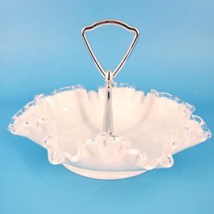 Fenton Silver Crest White Milk Glass Ruffled Crimped Handled Tidbit Serving Tray